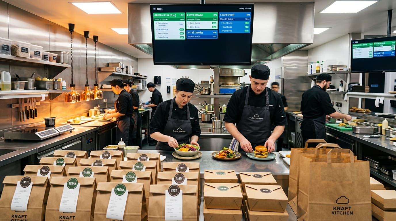 Cocina oculta comercial de alta eficiencia con pantalla KDS de despacho