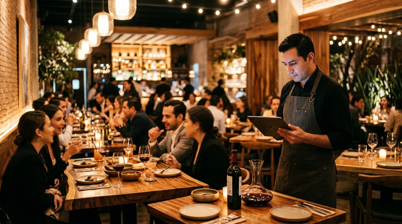 Salón de restaurante contemporáneo en México con servicio a mesa y comanderos digitales