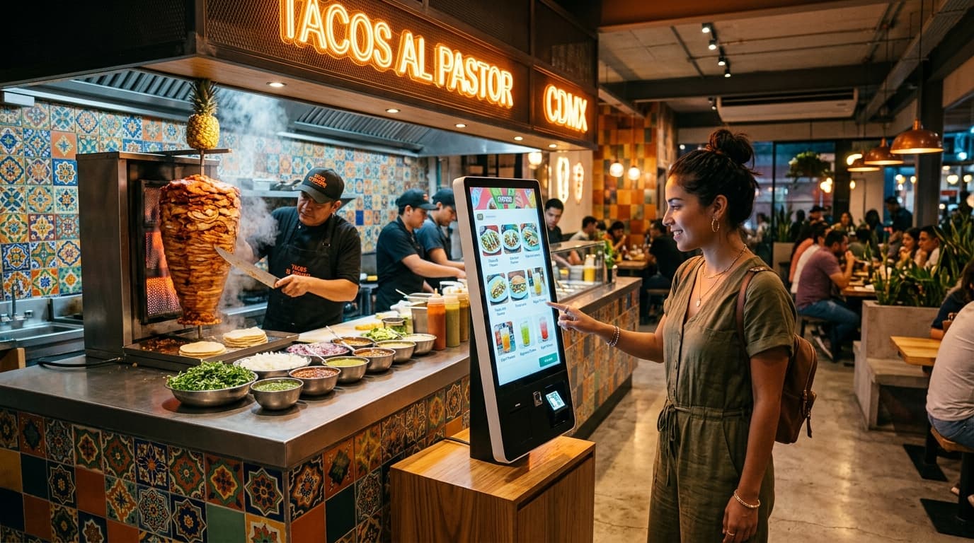 Taquería moderna mexicana con quiosco de autoservicio y preparación al pastor